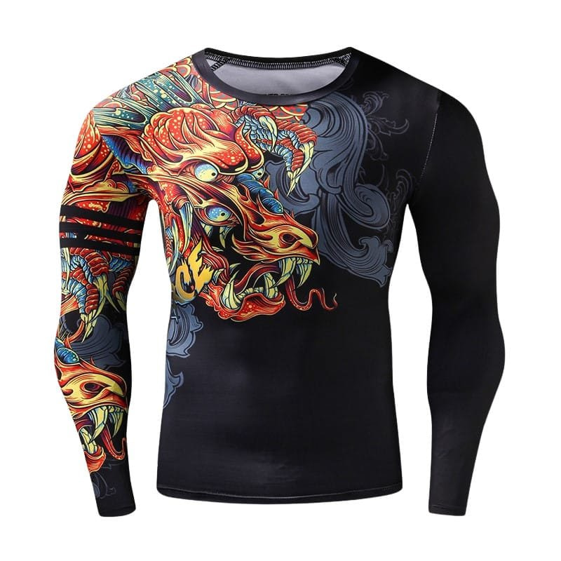 Mens Black Flaming Dragon Rash Guard Front View Mens Black Flaming Dragon Rash Guard Front View