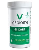 visbiome-gi-care-probiotic-600-wide Visbiome GI Care high-potency probiotic bottle, 60 capsules, 112.5 billion CFU per capsule, refrigerated for potency.