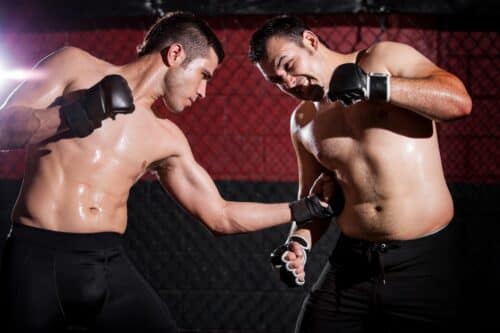 Punch to the Ribs MMA fighter landing a body punch to his opponent's ribs