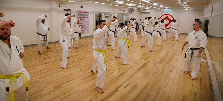 Adult karate students practicing basic punches while the instructor watches Adult karate students practicing basic punches while the instructor watches