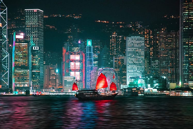 Junk boat on the Hong Kong bay at night