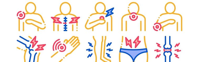 Signs of Injury Featured Image Line icons of ten common injury sites, including the shoulder, neck, elbow, wrist, hip and knee