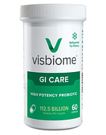 visbiome-gi-care-probiotic-600-wide Visbiome GI Care high-potency probiotic bottle, 60 capsules, 112.5 billion CFU per capsule, refrigerated for potency.
