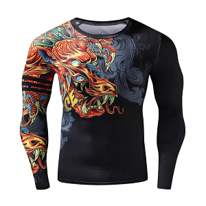 Mens Black Flaming Dragon Rash Guard Front View