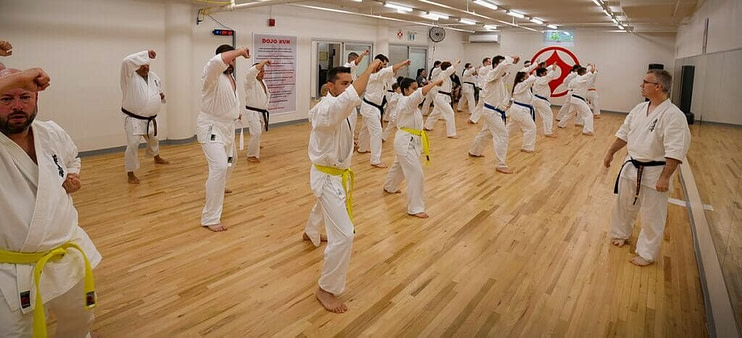 Diverse group of beginning martial arts students of various ages learning basic stances with a supportive instructor in a welcoming studio environment Diverse group of beginning martial arts students of various ages learning basic stances with a supportive instructor in a welcoming studio environment