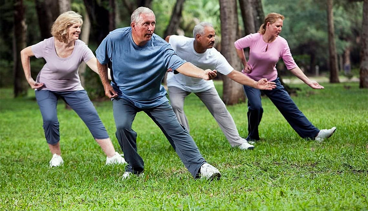 Senior martial arts practitioner demonstrating graceful Tai Chi movements in a park setting with proper form and balance